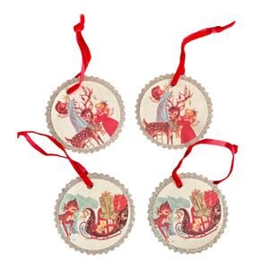 Retro Style Reindeer Christmas Sleigh Ornament  Glitter Cardboard set of 4